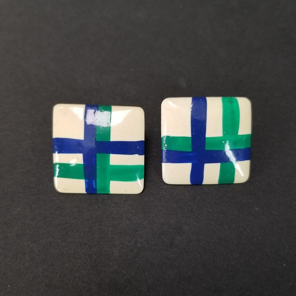 Jewelry - Vintage 80s Geometric Square Stud Earrings Blue Green Cream Enamel Like Style‎